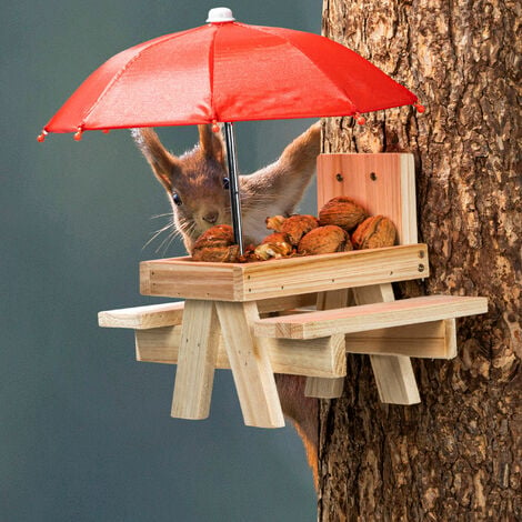 PEALOV Mangeoire écureuil Exterieur Bois,Mangeoire pour écureuils avec  Parapluie Et Support pour épi De Maïs,Station d'alimentation pour écureuils,Structure  Solide Et 2 Bancs épais,pour Les Jardins : : Jardin