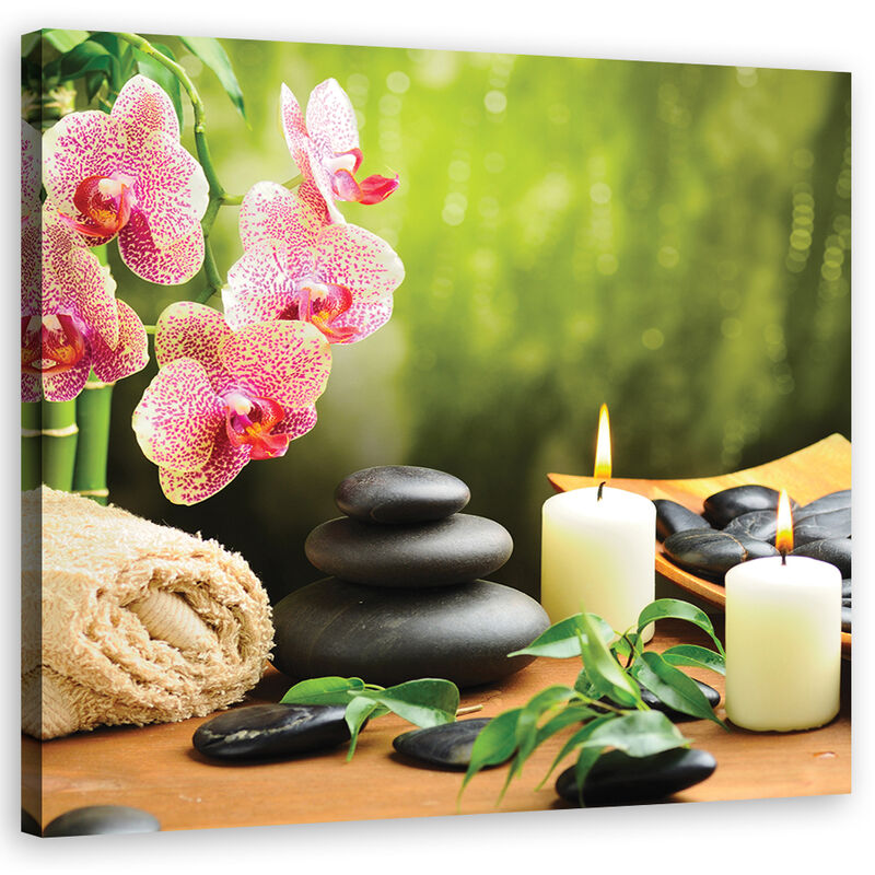 Quadro su tela, Candele di orchidee e pietre zen - 50x50