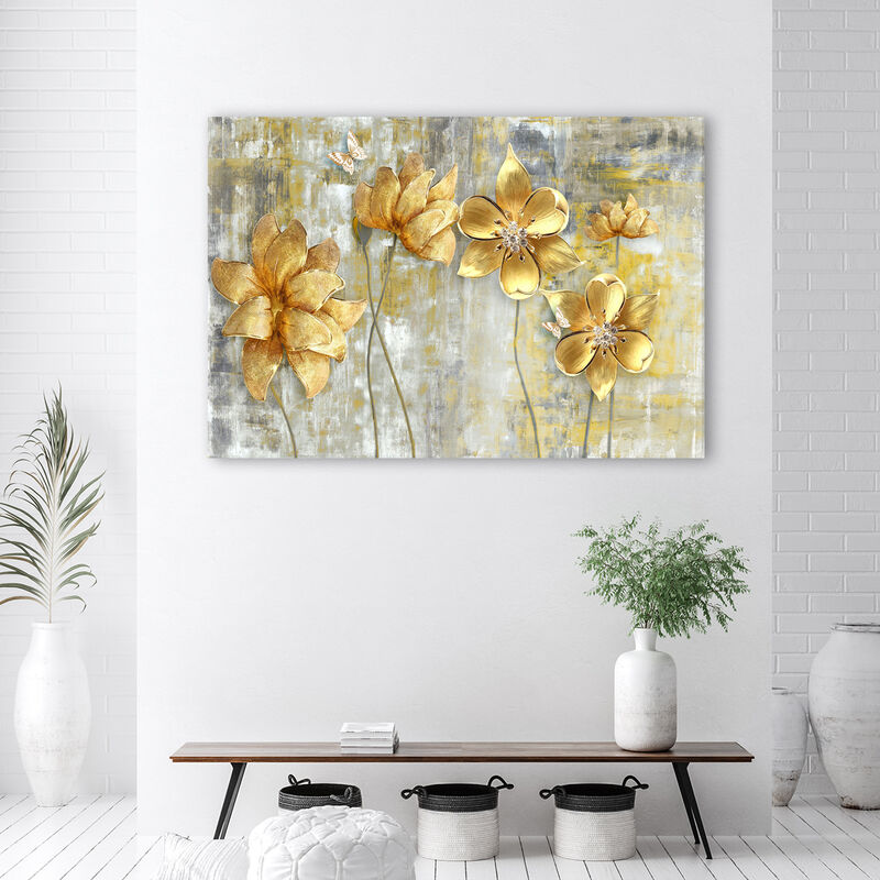 Quadro su tela, Fiori e farfalle dorate - 120x80