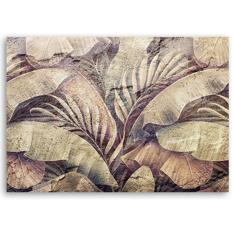 Quadro su tela, Foglie di giungla di palma sull'imitazione del cemento -  120x80