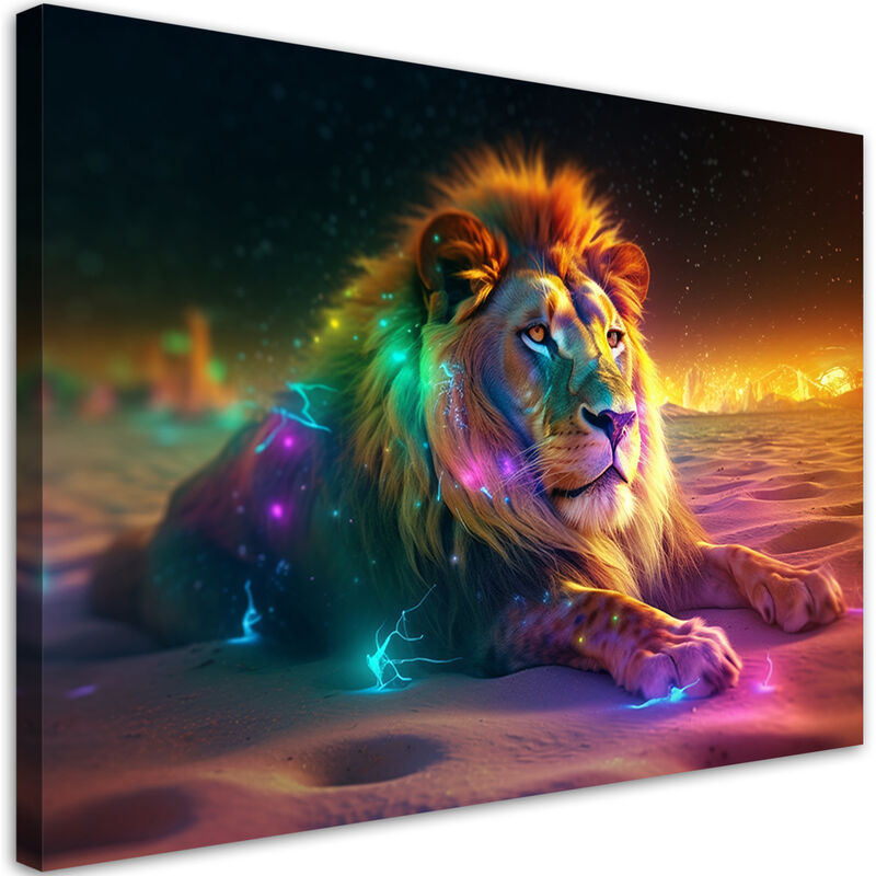 Quadro su tela, Animale Ai Leone Astrazione Neon - 120x80