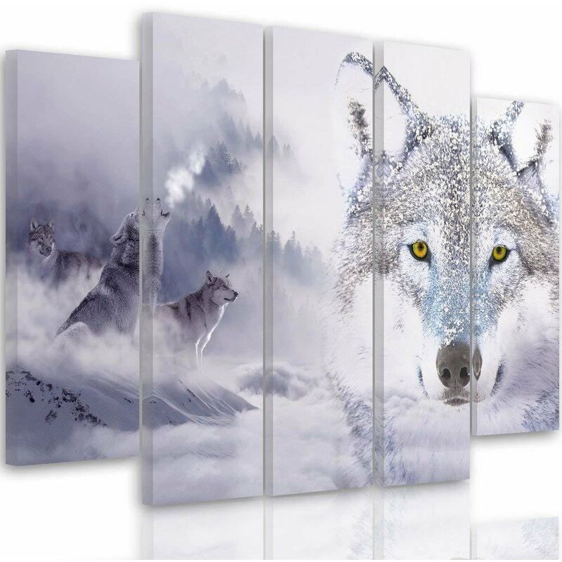 Quadri Quadro 5 pezzi Stampa su tela Wolf Fog Forest Grey - 100x70