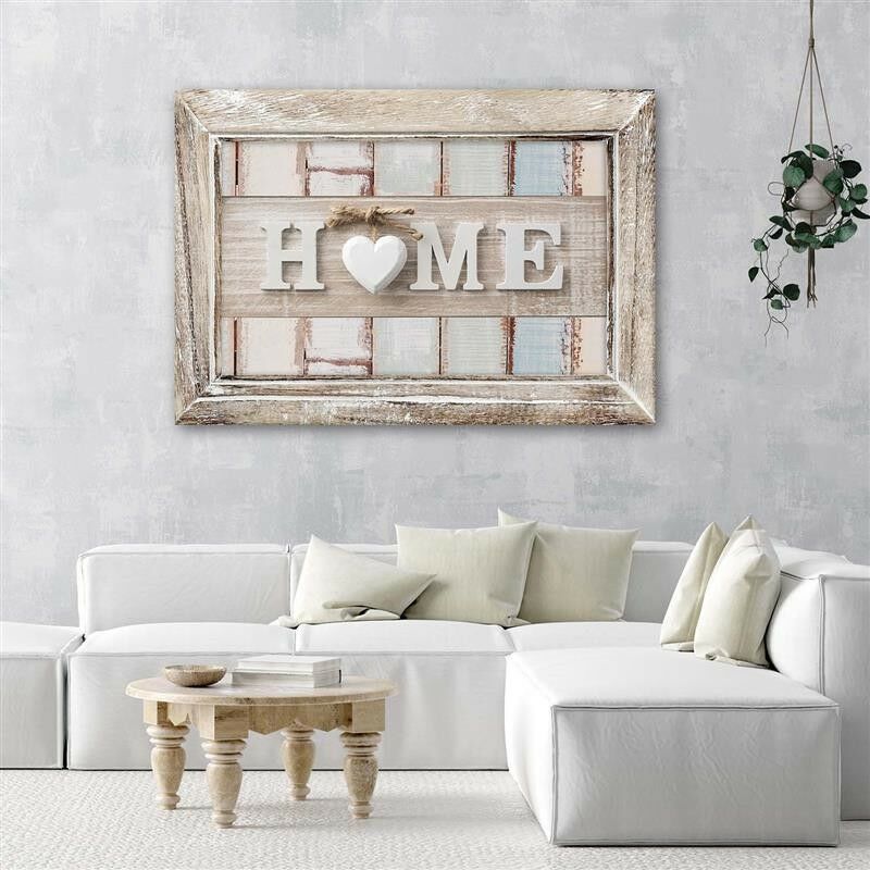 Quadro deco panel, Iscrizione a casa con cuore in una cornice in stile  vintage - 100x70