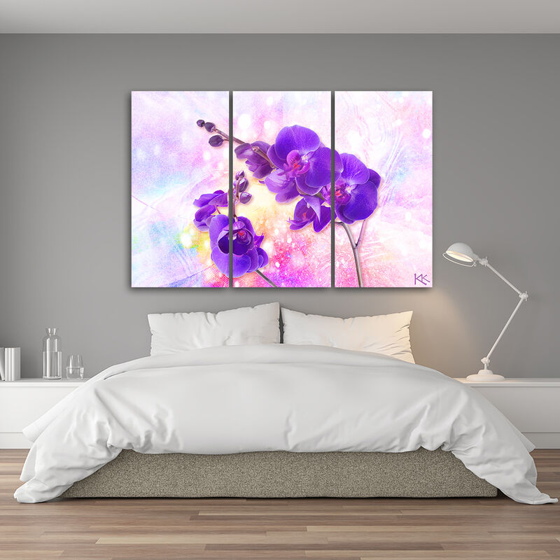Quadro deco panel 3 paneli, Fiore di orchidea viola - 60x40