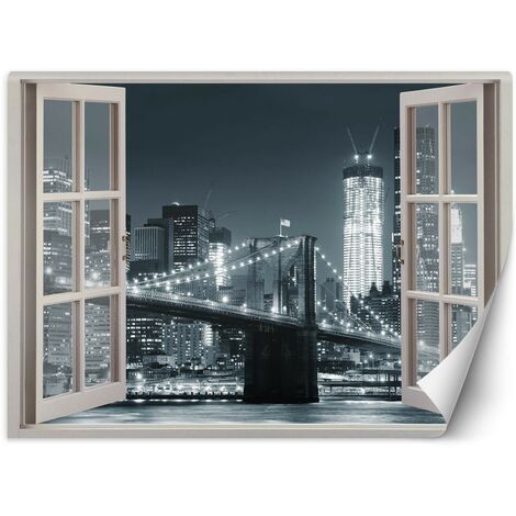 Carta Da Parati, Finestra vista New York City Ponte di Brooklyn bianco nero - 280x200