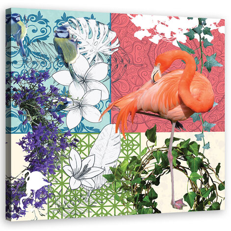 Quadro su tela, Collage fiammeggiante e uccelli - 40x40 (1/4)
