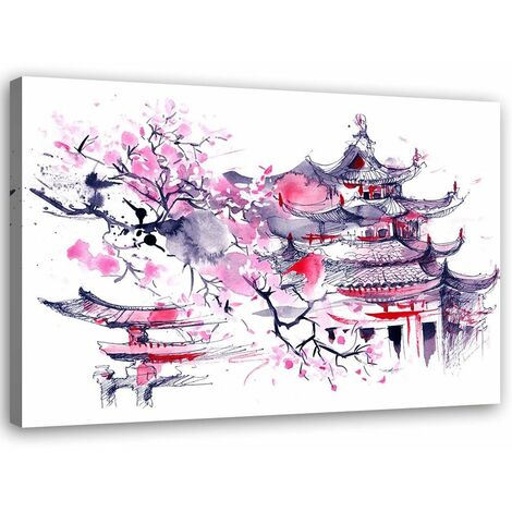 Quadro su tela, Pagoda Ciliegio Giappone dipinto - 60x40 (1/5)