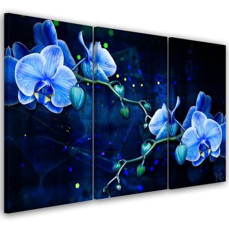 Quadro Su Tela 3 Paneli, Fiore Di Orchidea Blu - 60x40