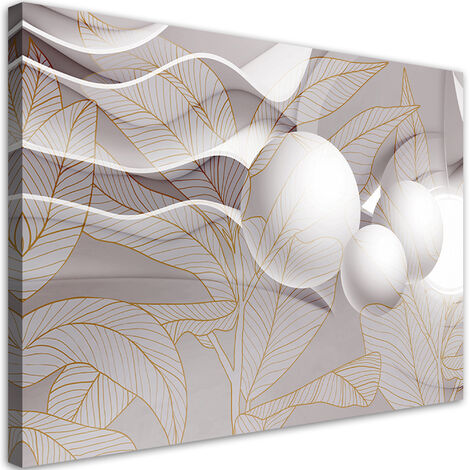 Quadro su tela, Foglie dorate e palline 3d - 90x60 (1/4)