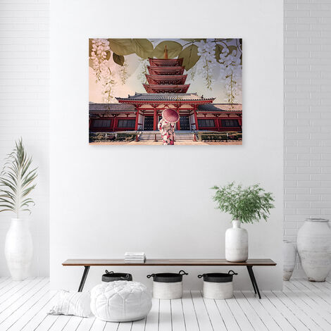 Quadro su tela, Geisha e tempio giapponese - 100x70