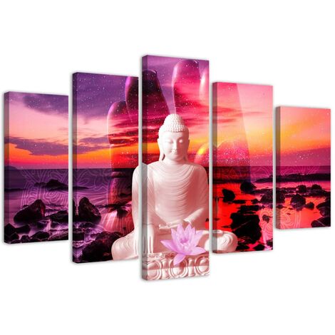 Quadro su tela 5 paneli Buddha Mare al tramonto - 200x100 (1/5)