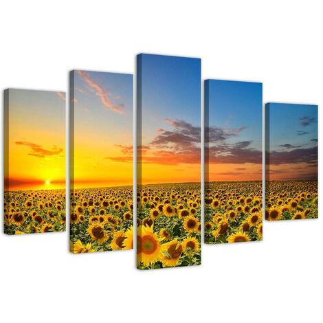 Quadri Quadro 5 pezzi Stampa su tela Girasoli al tramonto - 200x100