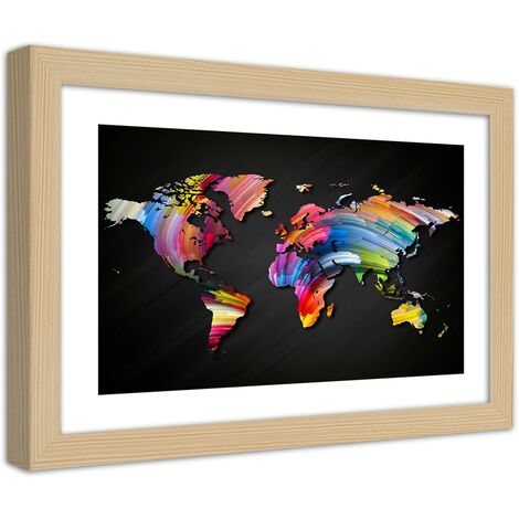 Quadro con cornice, Mappa del mondo su legno - 45x30