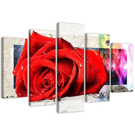 Quadro su tela 5 paneli Fiori di rosa rossa Natura - 200x100 (1/5)