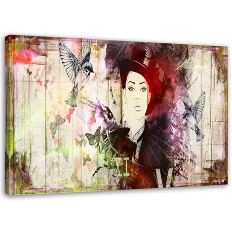 Quadro su tela, Astratto donna cappello uccelli - 120x80 (1/5)