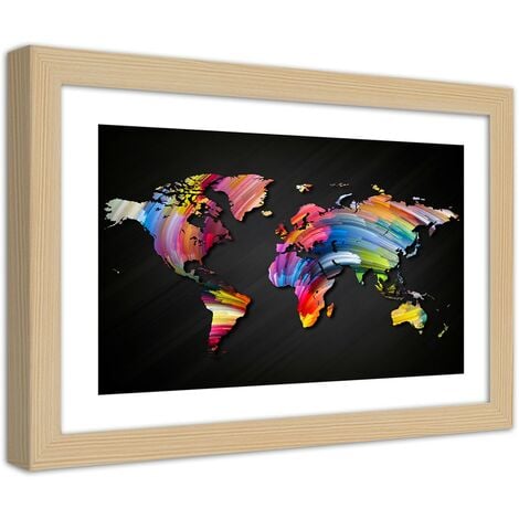 Quadro con cornice, Mappa del mondo in diversi colori - 60x40