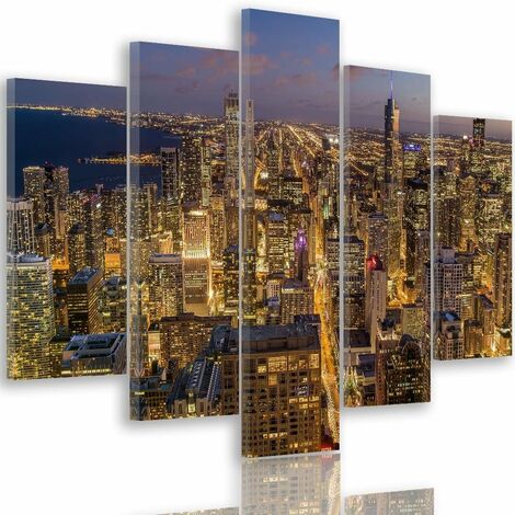 Dipinto su tela in cinque pezzi, Città di Chicago di notte - 150x100 (1/4)