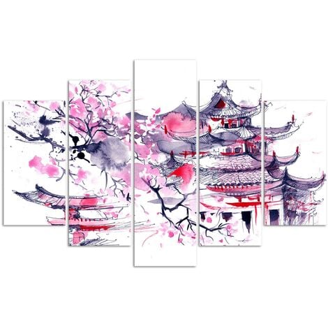 Quadri Quadro 5 pezzi Stampa su tela Paesaggio rosa giapponese - 200x100