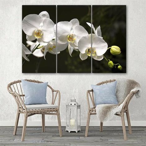 Quadro Deco Panel 3 Parti, Orchidea Bianca Su Sfondo Nero - 60x40