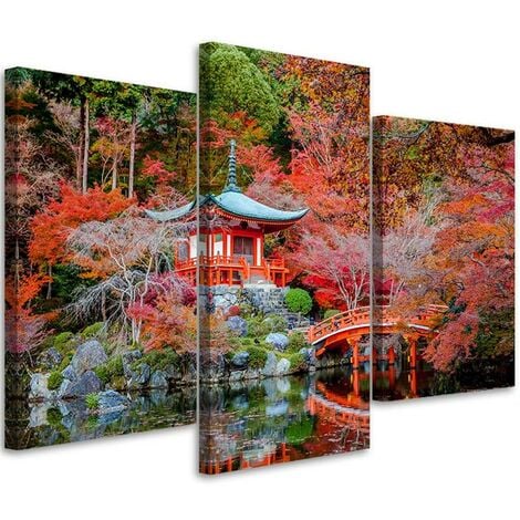 Quadro su tela 3 pezzi Giappone paesaggio rosso - 120x80