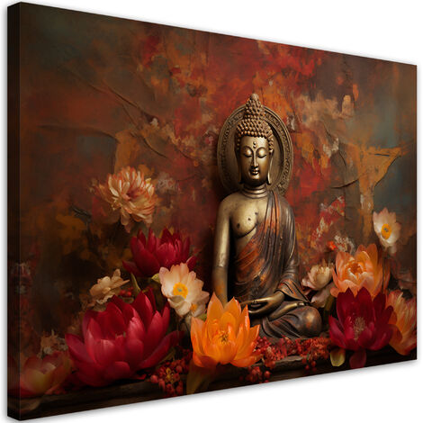 Canvas art print, Meditating Buddha and colourful flowers - 100x70 (1/4)