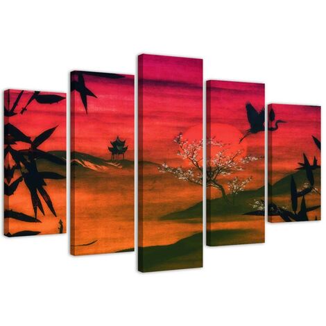 Quadro su tela 5 paneli Paesaggio rosso giapponese - 150x100 (1/5)