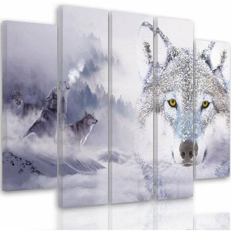 Quadri Quadro 5 pezzi Stampa su tela Wolf Fog Forest Grey - 200x100 (1/5)