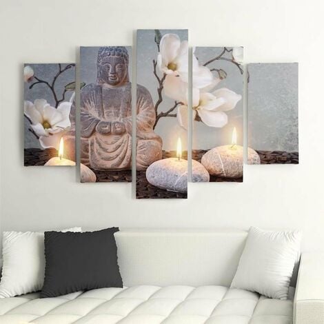 Quadri Quadro 5 pezzi Stampa su tela Pietra di fiori grigi di Buddha -  150x100