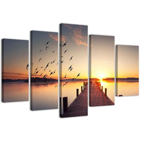 Quadri Quadro 5 pezzi Stampa su tela Passerella Uccelli al tramonto - 150x100 (1/5)
