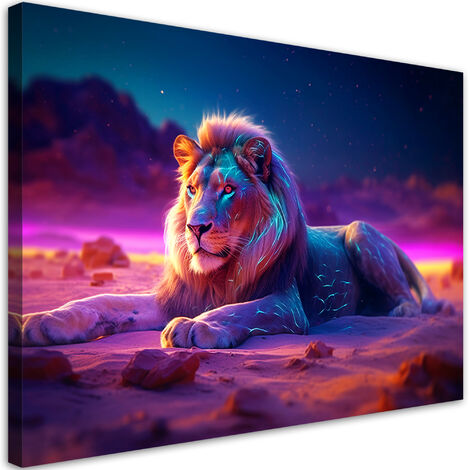 Quadro su tela, Leone Natura Animale Neon - 100x70