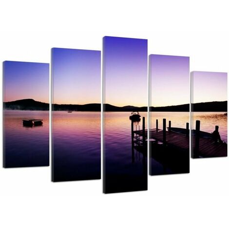 Quadro su tela 5 paneli Ponte Tramonto Viola - 150x100 (1/5)