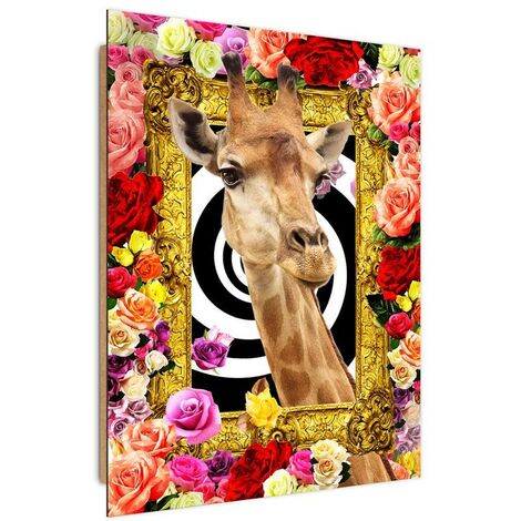 Quadro deco panel, Giraffa e rose colorate - 40x60 (1/5)