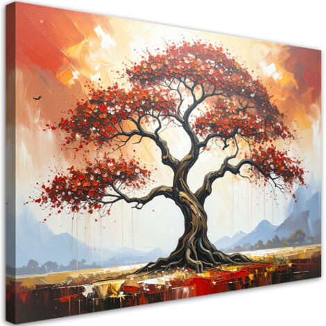 Quadro su tela, Albero della vita rosso Paesaggio - 90x60