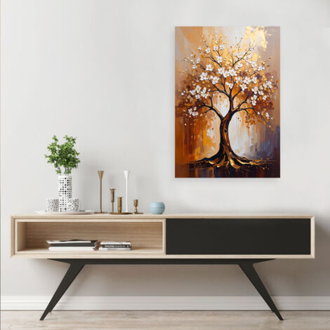 Stampa Su Tela Albero Della Vita Glitter Oro E Nero – 80x160 Cm, Moderna E Lussuosa, Senza Cornice