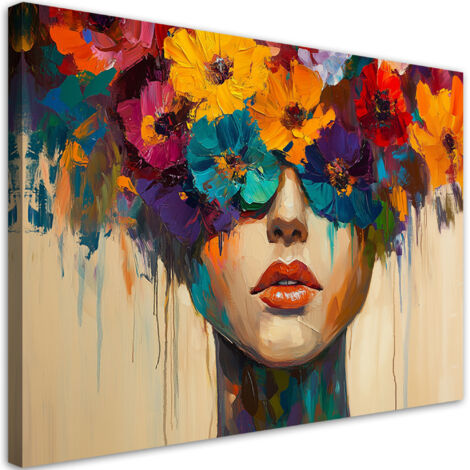 Quadro su tela, Arte astratta Donna con fiori in testa - 90x60