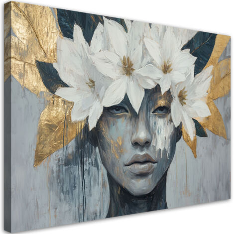 Quadro su tela, Donna con fiori in testa Grigio Oro - 60x40