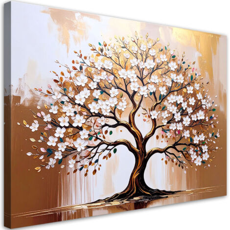 Quadro su tela, Albero della vita con fiori beige - 60x40