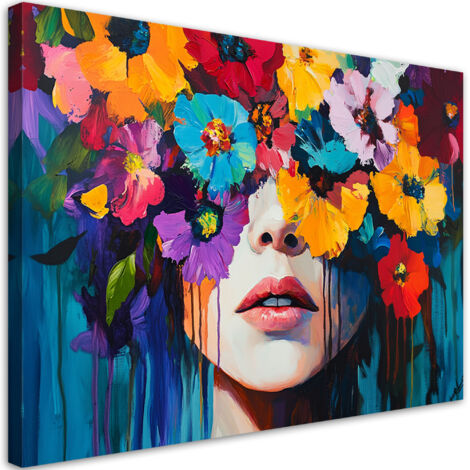 Quadro su tela, Donna con fiori colorati in testa - 120x80 (1/3)