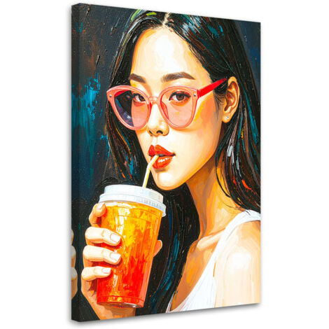 Quadro su tela, Ragazza con occhiali che beve caffਠ- 80x120 (1/2)