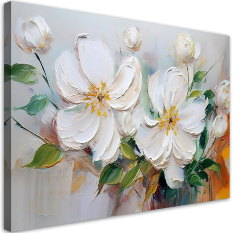 Quadro su tela, Fiori bianchi trapuntati come dipinti - 120x80 (1/3)