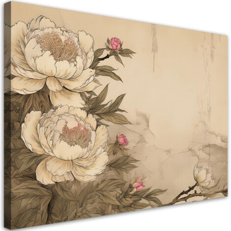 Quadro su tela, Peonie Fiori beige retrà² - 60x40 (1/3)
