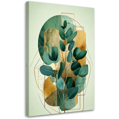 Quadro su tela, Ramo Foglie Geometrico Verde Oro Astratto - 70x100