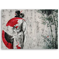 Quadro Geisha Giapponese in Blu con Fiori Stampa su Mdf Tela