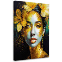 Quadro su tela, Donna Foglie dorate Ritratto Espressione Glamour - 70x100