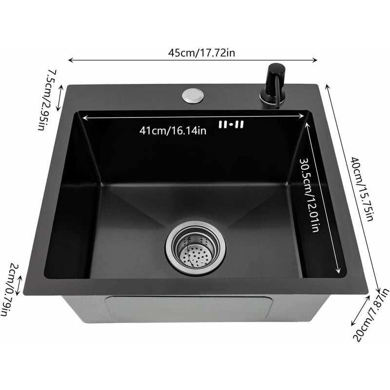 Sink Évier de cuisine en acier inoxydable, noir, 40 x 45 cm, évier à  encastrer avec dispositif d'écoulement