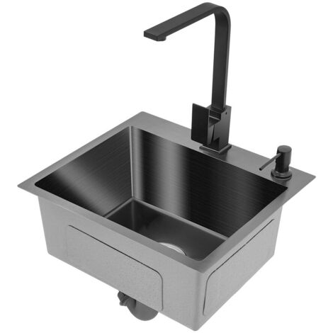 Evier en acier inoxydable avec robinet noir, 40 x 45 cm, évier de cuisine encastré, évier en granit pour meuble bas de 45 cm, avec robinet de cuisine orientable à 360°, distributeur de savon, trop-ple