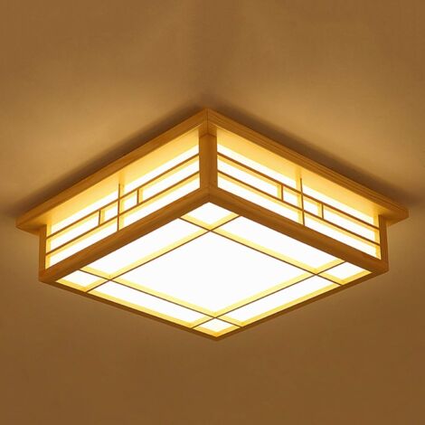 Plafonnier LED en bois massif tatami pour chambre à coucher, balcon et journaux de lumière chaude pour salon, couronne, suspension (45 × 45 cm)