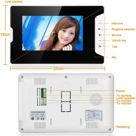 7" Interphone vidéo La Fonction de Vision Nocturne，sonnette de porte moniteur caméra bouton tactile