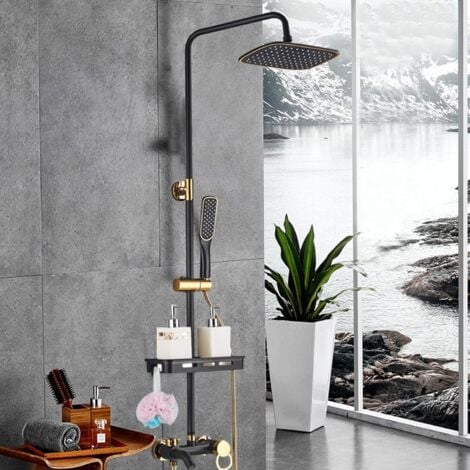 Colonne de Douche Système de Douche Noir doré Système de Douche à tête Carrée Réglable en Hauteur avec Noyau de Valve en Céramique, Mitigeur de Douche Moderne avec Douchette pour Salle de Bain