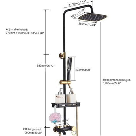 Colonne de Douche Système de Douche Noir doré Système de Douche à tête Carrée Réglable en Hauteur avec Noyau de Valve en Céramique, Mitigeur de Douche Moderne avec Douchette pour Salle de Bain